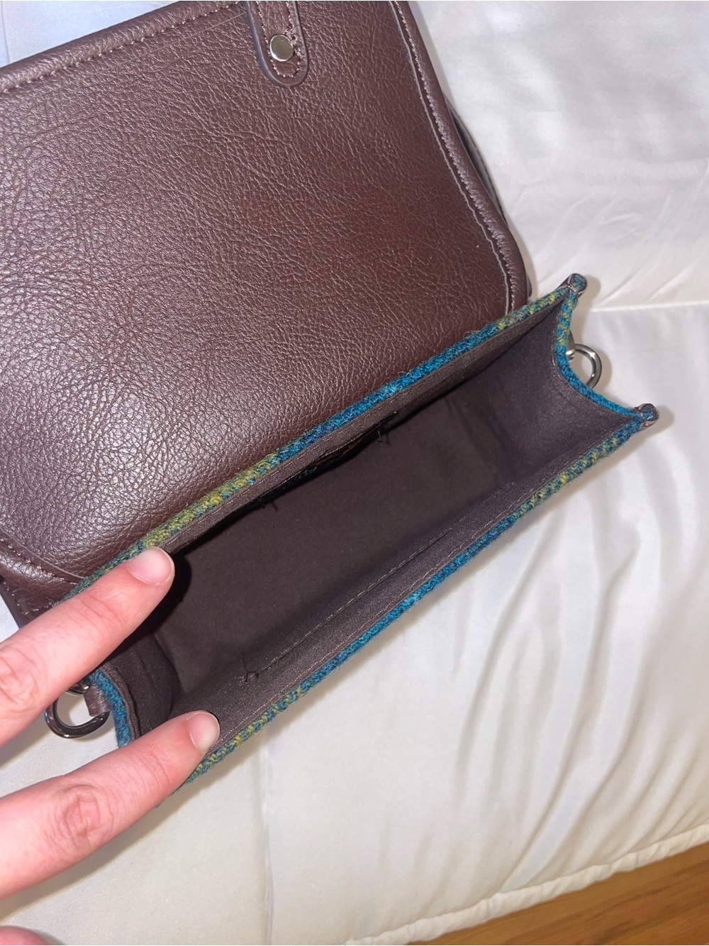 Plaid Wool-Blend Messenger Bag in Teal and Olive with Brown Trim - Picture 6 of 6